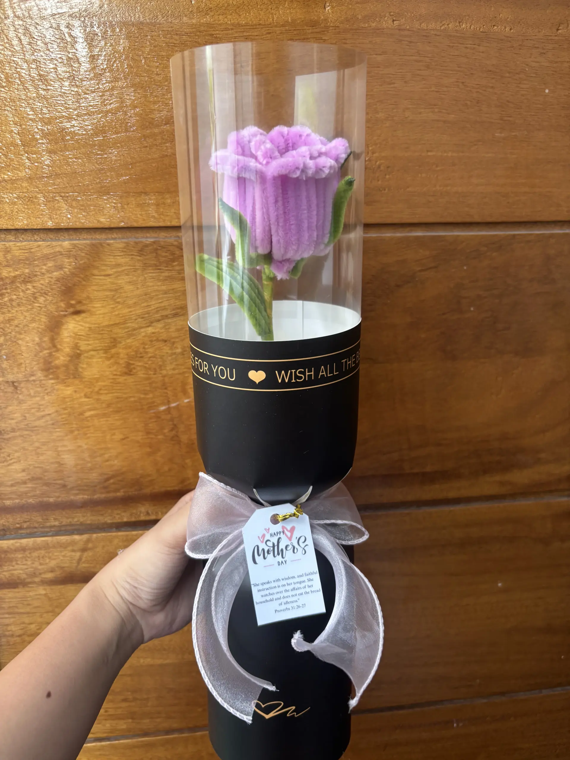 FleurKraft purple rose in a black luxury cylinder — handcrafted entirely from premium fuzzy wire