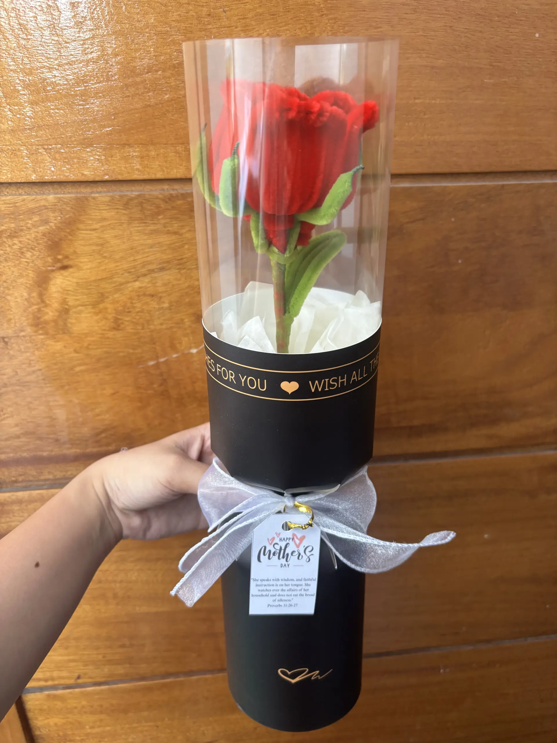 FleurKraft red fuzzy wire rose in a black luxury cylinder — a premium birthday gift option