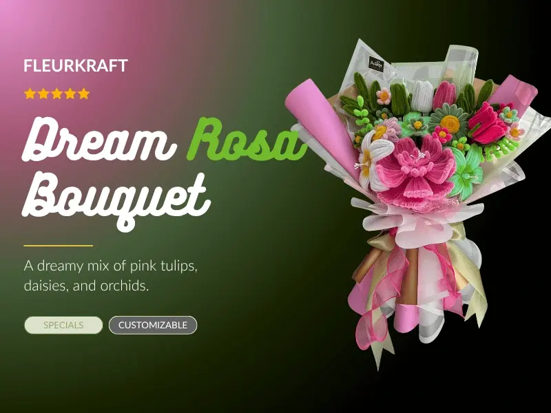 FleurKraft Dream Rosa bouquet — handcrafted fuzzy wire bouquet delivered to City of Carcar
