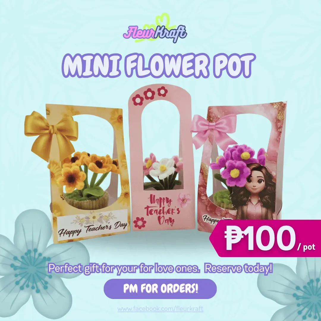 FleurKraft Mini Flower Pot — handcrafted fuzzy wire flowers in a decorated pot, ₱100 per pot