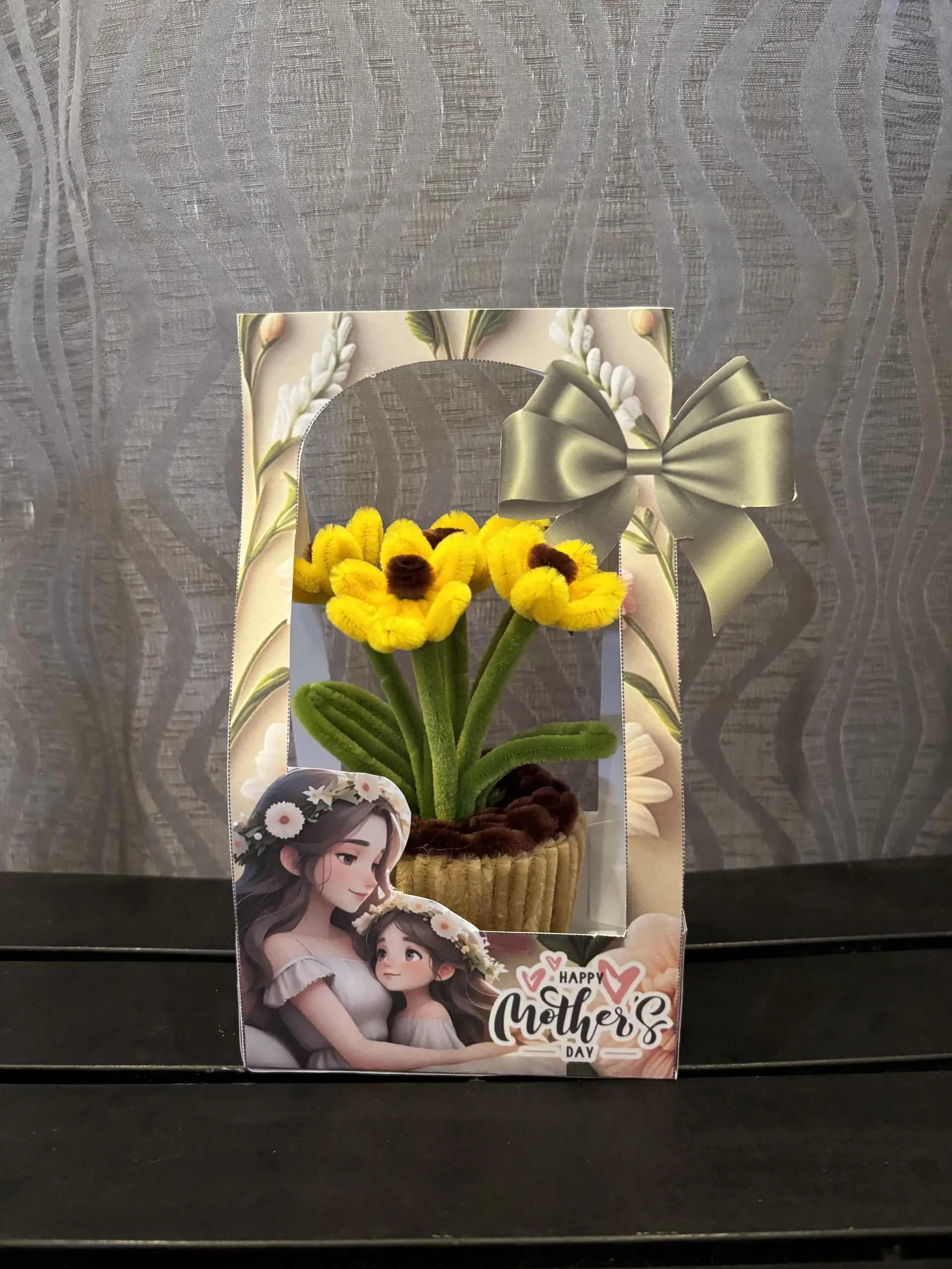 FleurKraft fuzzy wire mini pot flowers — yellow sunflower design in gift box