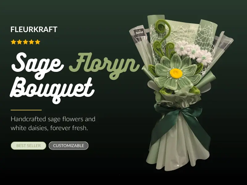 FleurKraft Sage Floryn bouquet — soft sage green fuzzy wire arrangement
