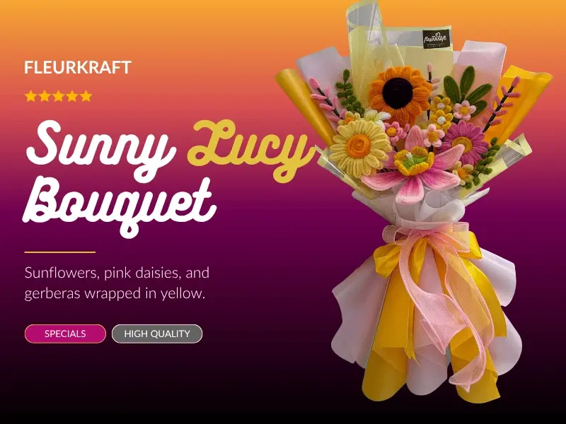 FleurKraft Sunny Lucy bouquet — bright cheerful fuzzy wire design delivered to Talisay