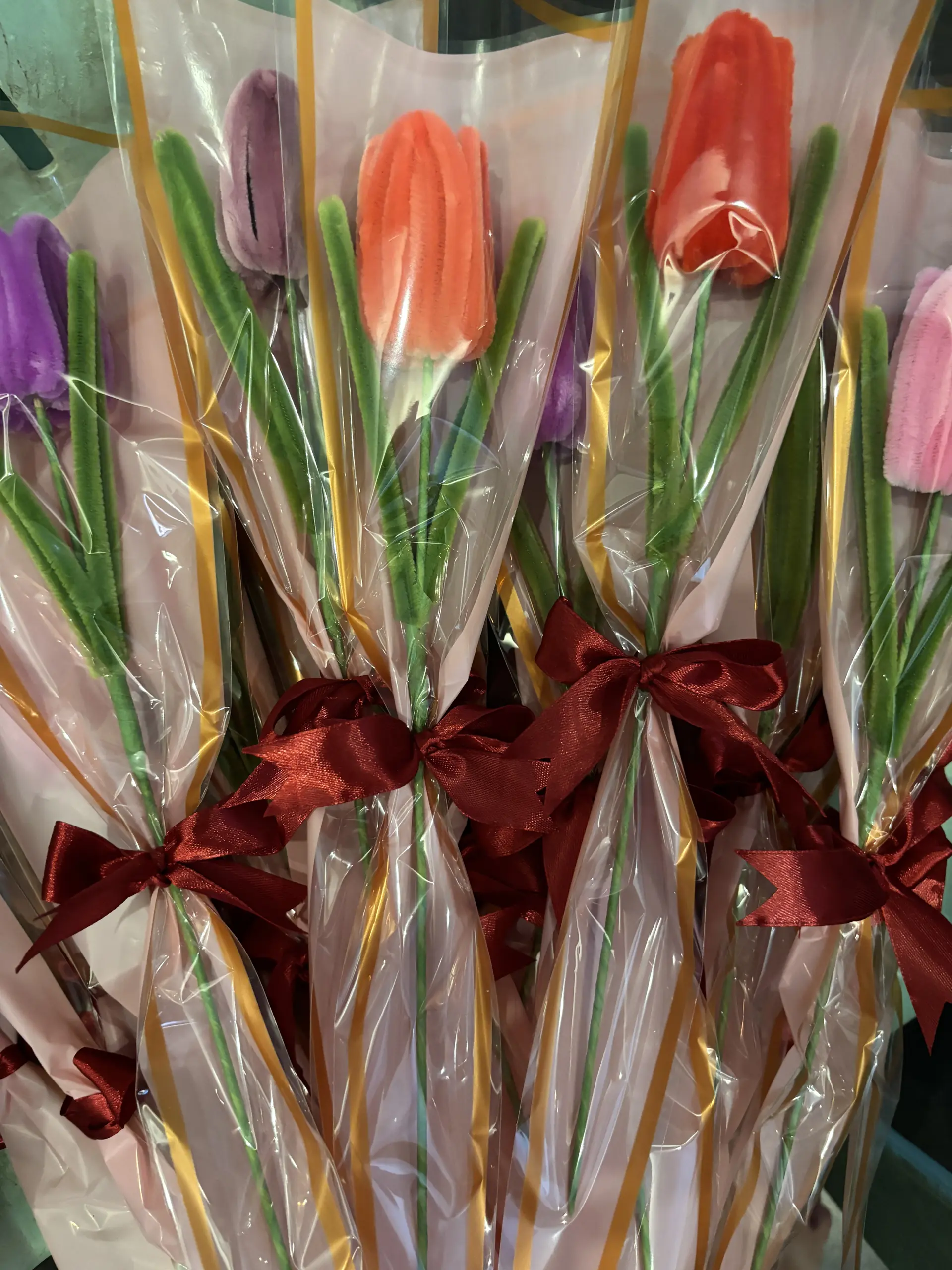 FleurKraft fuzzy wire tulip single stems in multiple colors — orange, purple, red, and pink