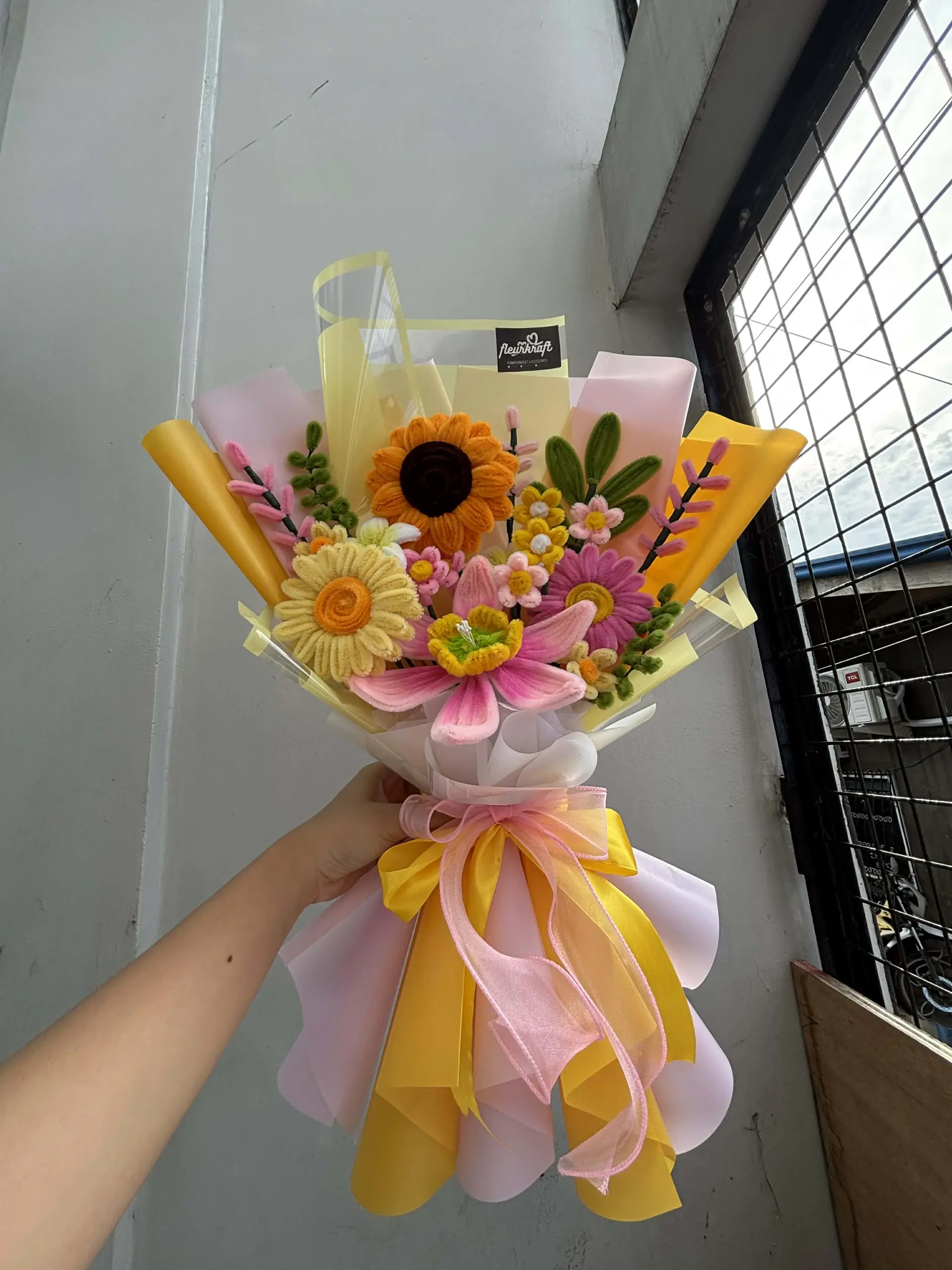 Beautiful handcrafted fuzzy wire bouquet — perfect for any occasion